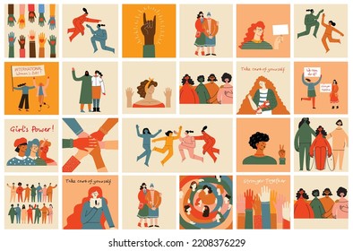 Women friendship group. Diverse female team standing together, holding hands, girls power, multinational sisterhood community vector illustration. Friendship group females, people diversity