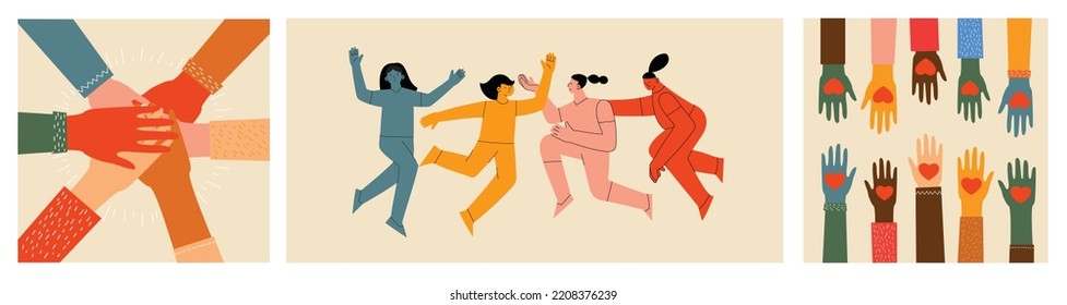 Women friendship group. Diverse female team standing together, holding hands, girls power, multinational sisterhood community vector illustration. Friendship group females, people diversity