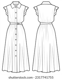 Women Frilled Sleeveless Collared Maxi Shirt Dress Front and Back View. Fashion Illustration, Vector, CAD, Technical Drawing, Flat Drawing, Template, Mockup.