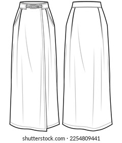 Women front open Column Skirt with pocket flat sketch illustration, Belted long  woven skirt font and back view technical drawing vector illustration