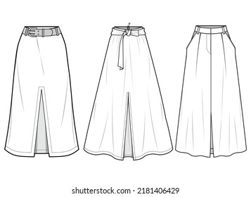 women front slit maxi skirt, formal long skirt  Fashion Illustration, Vector, CAD, Technical Drawing, Flat Drawing.