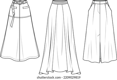 Women Full Length Skirt Flat Sketch Illustration, Set Of Womens Long  Skirt For Formal Wear And Casual Wear Fashion Illustration Template Mock Up