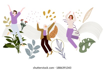 women fun jump set plant leaf flower waves line white isolated background with flat cartoon style