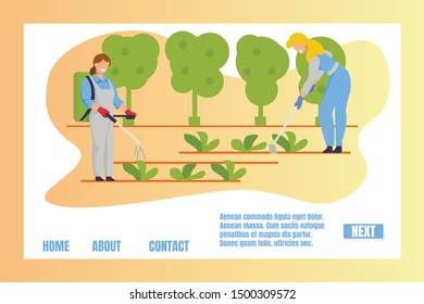 Women Gardeners Spraying Chemicals Fertilizers and Weeding on Garden Bed. Farmer Growing, Planting and Caring of Plants in Greenhouse or Summer Farm Cartoon Flat Vector Illustration, Horizontal Banner