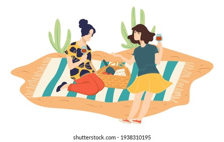 Women gathered on picnic drinking wine and eating fruits. Friends meeting, ladies sitting on blanket surrounded by nature and communicating. Girls discussing news and events. Vector in flat style