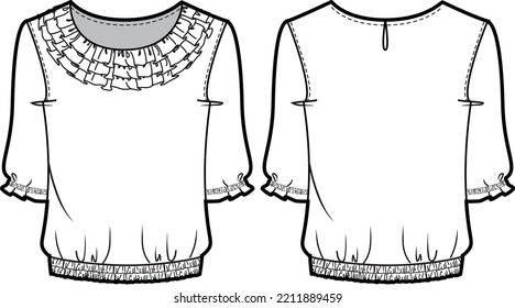 Frauen sammelten Ärmel-Bluse mit Rubbeldetails Design flache Sketch-Modegrafik mit Vorder- und Rückansicht