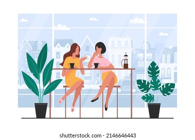 Women gathering for meeting in modern interior of cafe. Happy two young female friends sitting at table and talking, girls drink coffee in coffeehouse flat vector illustration. Conversation concept