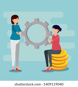 women with gear and digital coins to online banking