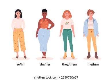 Women with gender pronouns. She, he, they, ze, non-binary. Gender-neutral movement. LGBTQ community. Hand drawn vector illustration