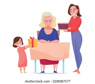 Women generation with family congratulating grandmother on birthday flat vector illustration