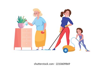 Women Generation With Grandma Mum And Girl Cleaning Room Together Flat Vector Illustration