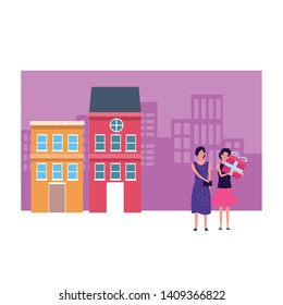 women with gift avatar cartoon character outdoor cityscape vector illustration graphic design