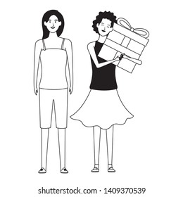 women with gift avatar cartoon character black and white vector illustration graphic design