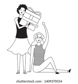 women with gift avatar cartoon character black and white vector illustration graphic design
