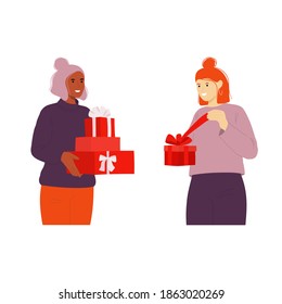 Women with gift boxes - Vector characters girls smiling and giving and receiving presents - Young lady holding gift boxes, girl opening a present - Vector illustration isolated, holiday design