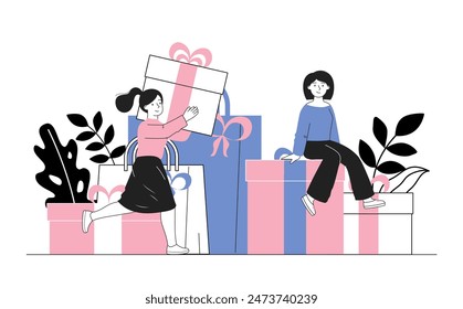 Women with gifts. Young girls with presents and surprises. Christmas and New Year, birthday party. Discounts and promotions, special offer for regular customers. Linear flat vector illustration