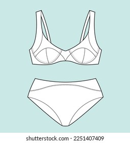 Women girl beach wear bra set flat sketch illustration