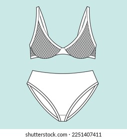 Women girl beach wear bra set flat sketch illustration