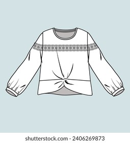 women girl blouse woven top flat sketch illustration