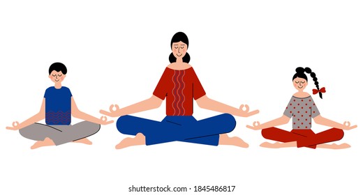 Women, girl and boy Meditate and do Yoga together to feel more relaxed. Meditating in yoga pose. Family yoga vector illustration