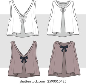 Women and girl  crop top blouse. Jersey tank top with tie bow, technical fashion design illustration. cad, mockup, set drawing.