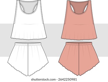 women and girl cropped tank top t shirt and short set vector, home wear, pajama, sport wear illustration fashion design. Lounge Wear Set Fashion Flat Templates, cad, mockup.