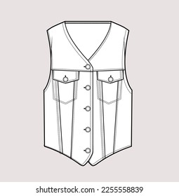 women girl denim detailed jacket flat sketch illustration