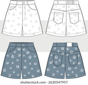 Women and girl denim mini short star embroidery detailed, fashion drawing, flat sketch, illustration. Front and Back view vector. Cad, Mockup.