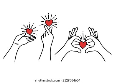 Women Girl Hand Love Gesture with Hearth Flat line Art illustration