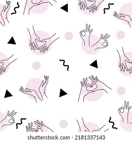 Women Girl Hand Love Gesture with Abstract Black and Pink Object Hearth Flat Line Art Illustration White Background.