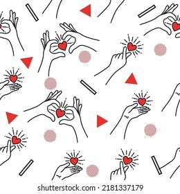 Women Girl Hand Red Love Gesture with Abstract Black and Red Object Red Hearth Flat Line Art Illustration White Background.