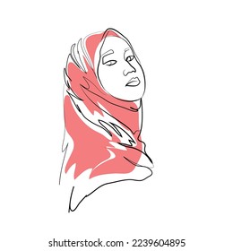 women or girl in hijab turning face one line art vector