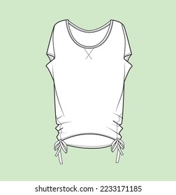 Women, girl knit jersey top short sleeve with side tie up flat sketch illustration   