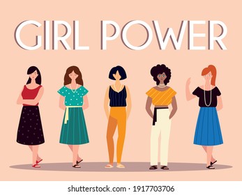 women girl power, female characters together vector illustration