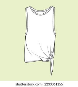 Women, girl sleeveless tank top with frill, tie-up detail flat sketch illustration 