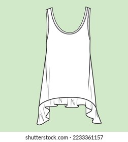 Women  girl sleeveless tank top and frill  tie  up detail flat sketch illustration 