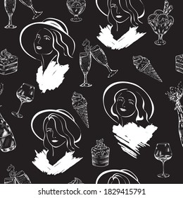 women, girl, sweet, wine hand drawn chalk seamless pattern isolated on black background. Concept for wallpaper, wrapping paper, cards