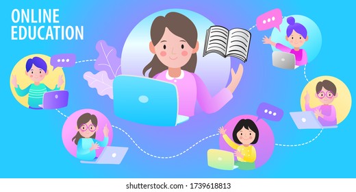 Women and girl talking by video chat. Conference call at home. Online education concept. Cartoon children playing. Welcome back to school. Cute school kids. Flat design pattern with child.