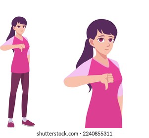 Women or Girl Thumbs Down Dislike and Disappointed Expression Pose Cartoon Illustration