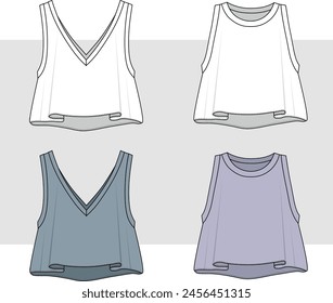 Women and girl  V-Neck Top - Jersey top - tank top 
 technical fashion design illustration. two pieces cropped set drawing.