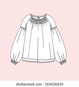 women girl woven top, raglan sleeve, smocking details, flat sketch illustration 