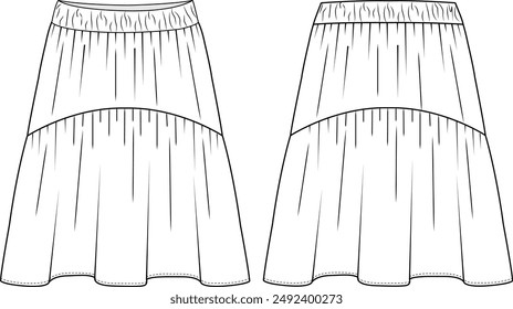 WOMEN AND GIRLS BOTTOM WEAR KNEE LENGTH SKIRT FRONT AND BACK FLAT SKETCH VECTOR ILLUSTRATION