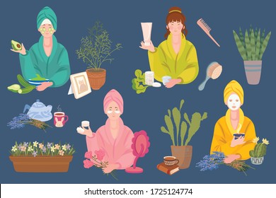 Women and girls in cosmetic masks, sponges use natural face care products at home. They drink herbal relaxing teas among indoor plants. Vector creative illustration.