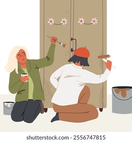 Women, girls, decorating and painting furniture. Couple renewing and restoring cabinet with paint and brushes. People renovating and repairing old chest of drawers. Hand drawn vector illustration.