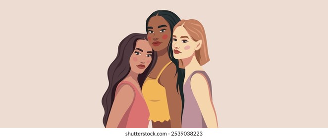 Women girls of different nationalities and skin colors stand together. Women's day greeting card. Movements for gender equality and women's empowerment. Vector banner with space for text.