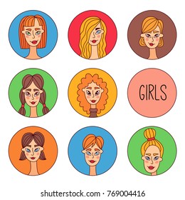 Women girls doodle colorful round avatar set