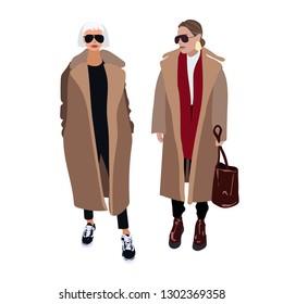 women or girls dressed in trendy clothes standing together. Group of friends. Female cartoon characters isolated on white background. Flat colored vector illustration - Vector illustration