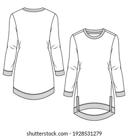 Women Girls High Low Fleece Sweatshirt Dress fashion flat sketch template. Technical Fashion Illustration. Zipper Detail at hem