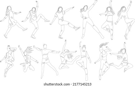 women, girls jumping sketch, set on white background isolated, vector