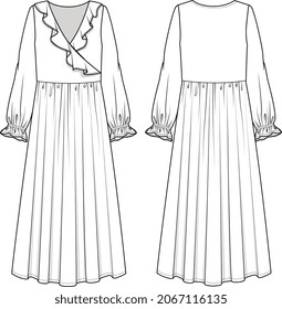 WOMEN AND GIRLS KNIT AND WOVEN DRESS FULL SLEEVE LONG DRESS FLAT SKETCH VECTOR